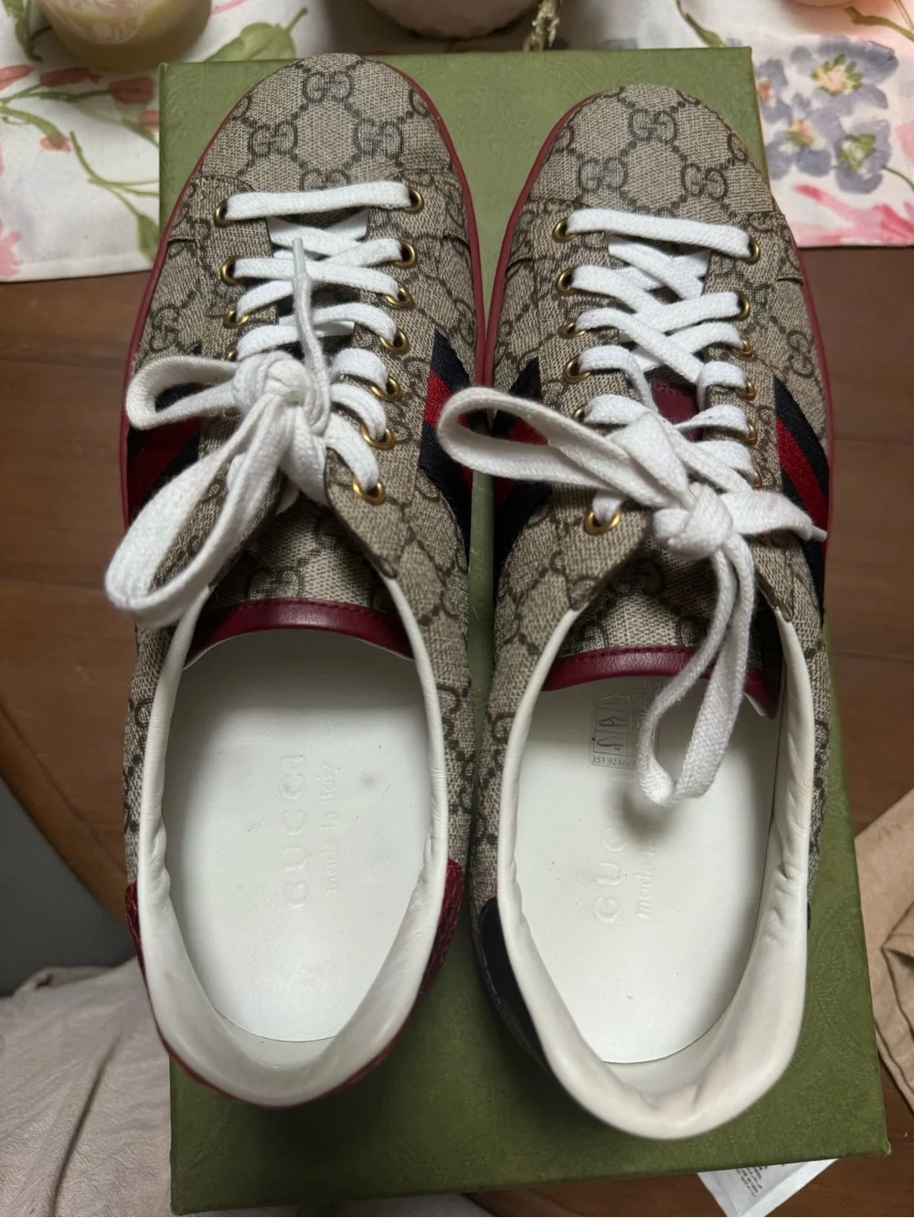 Gucci ACE Men’s GG Canvas Sneaker with web in Beige with Red & Blue Stripe